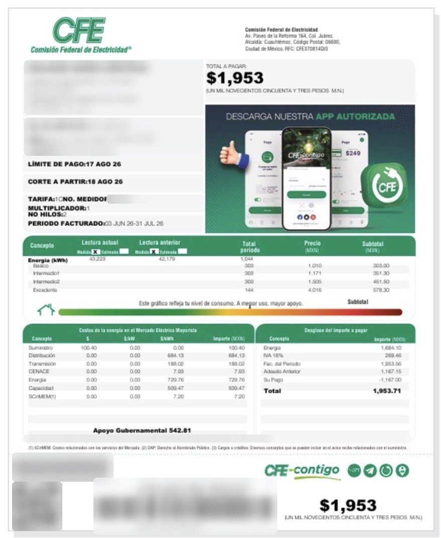 Recibo de CFE de una casa en Monterrey en tarifa 1C, del 3 de junio al 31 de julio de 2026, con los kWh cobrados en cada escalón