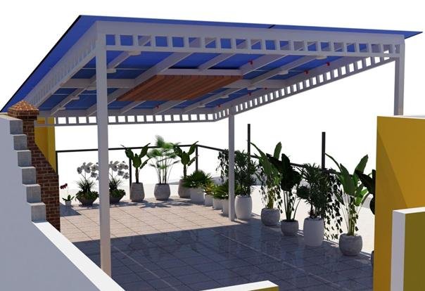 Pérgola solar con asador, render